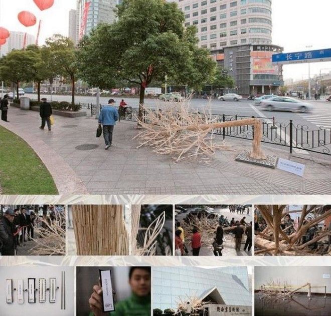 Сломанное дерево из 30 тысяч использованных палочек для еды 16