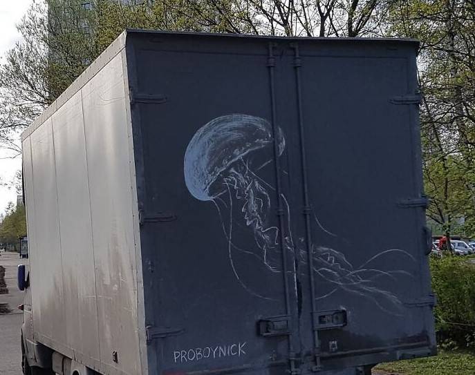 Очень необычный и красивый вид творчества: человек рисует на грязном налете грузовиков 48
