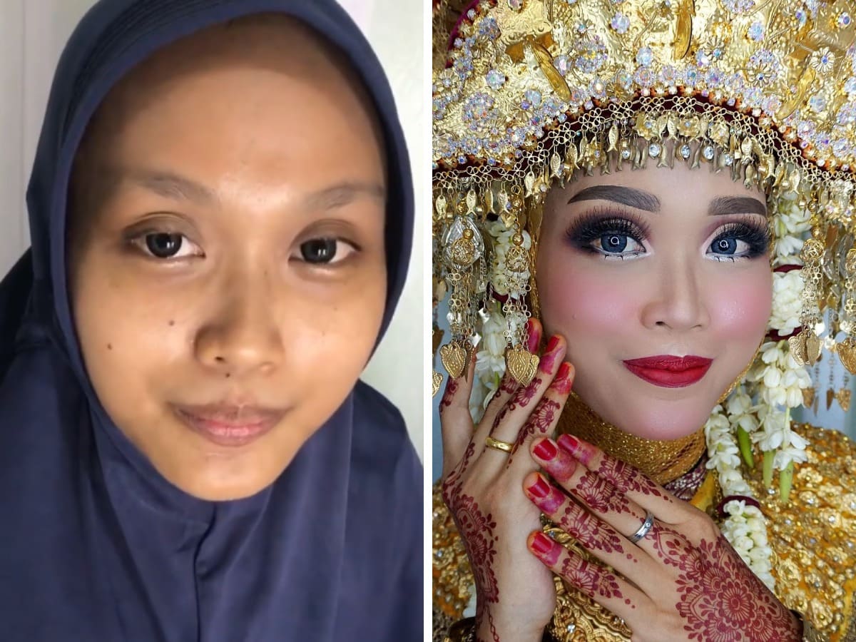 16 фотографий невест из Азии до и после того, как макияж превратил их в настоящих королев 49