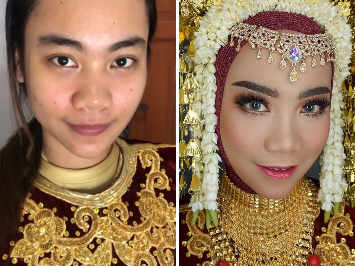16 фотографий невест из Азии до и после того, как макияж превратил их в настоящих королев 51
