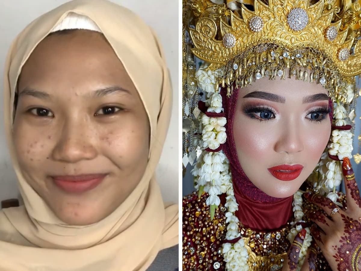 16 фотографий невест из Азии до и после того, как макияж превратил их в настоящих королев 52