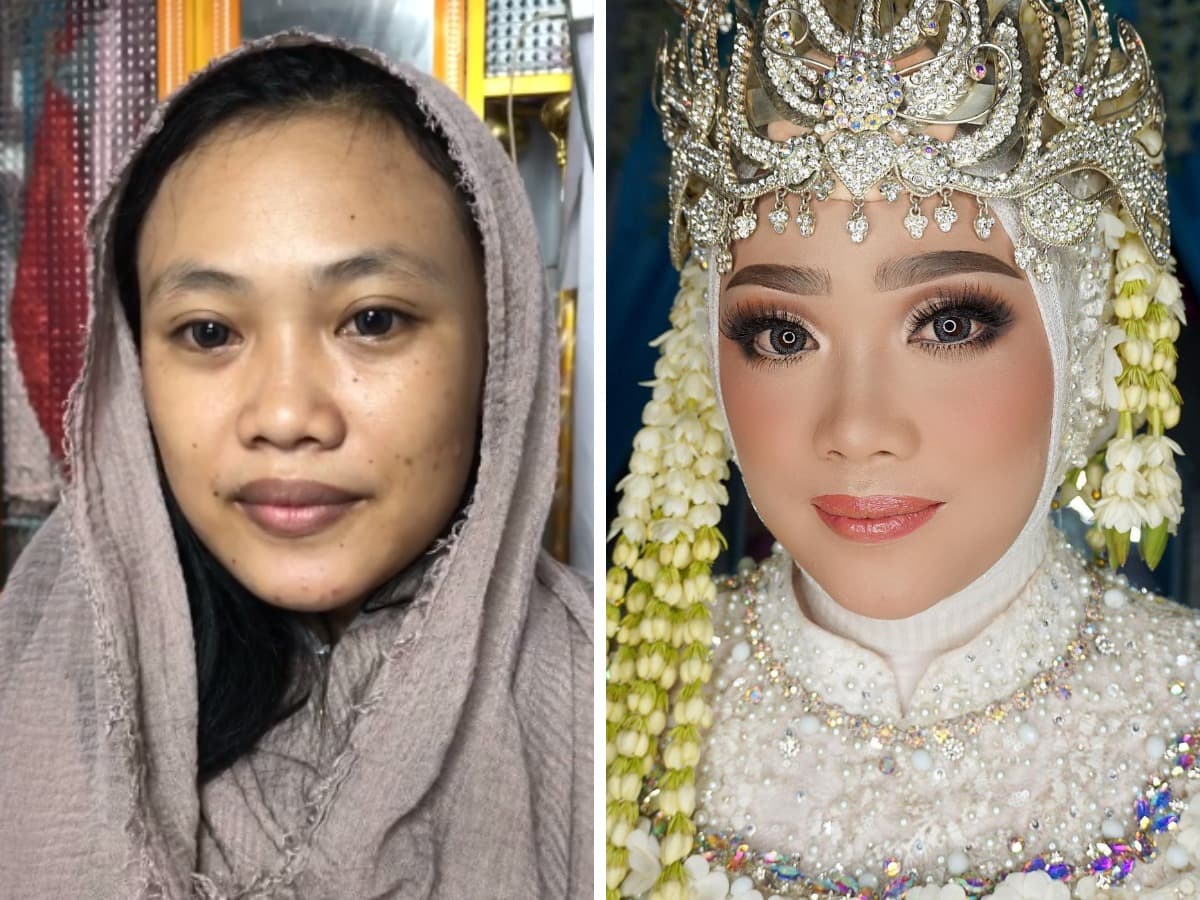 16 фотографий невест из Азии до и после того, как макияж превратил их в настоящих королев 58