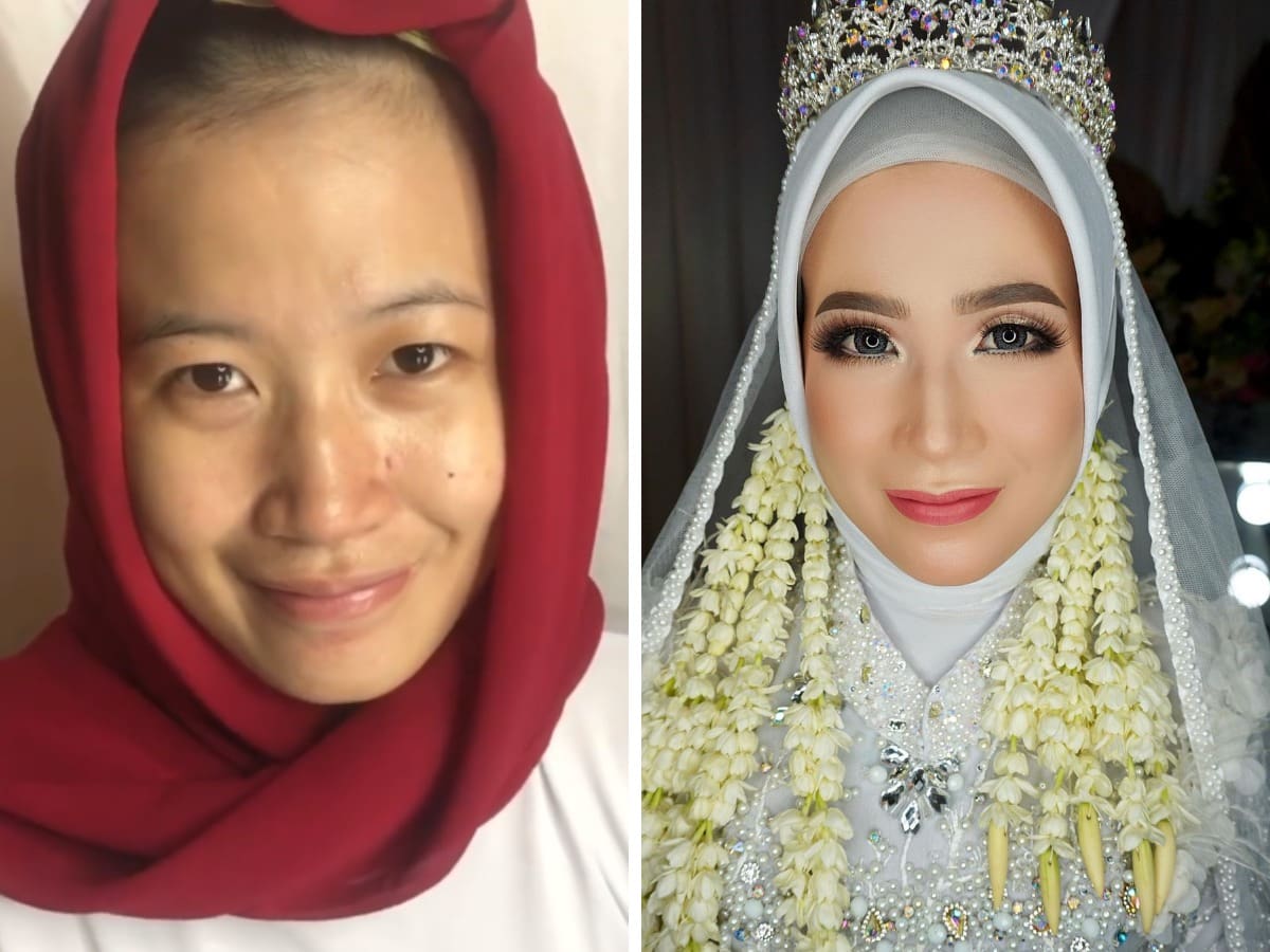 16 фотографий невест из Азии до и после того, как макияж превратил их в настоящих королев 62